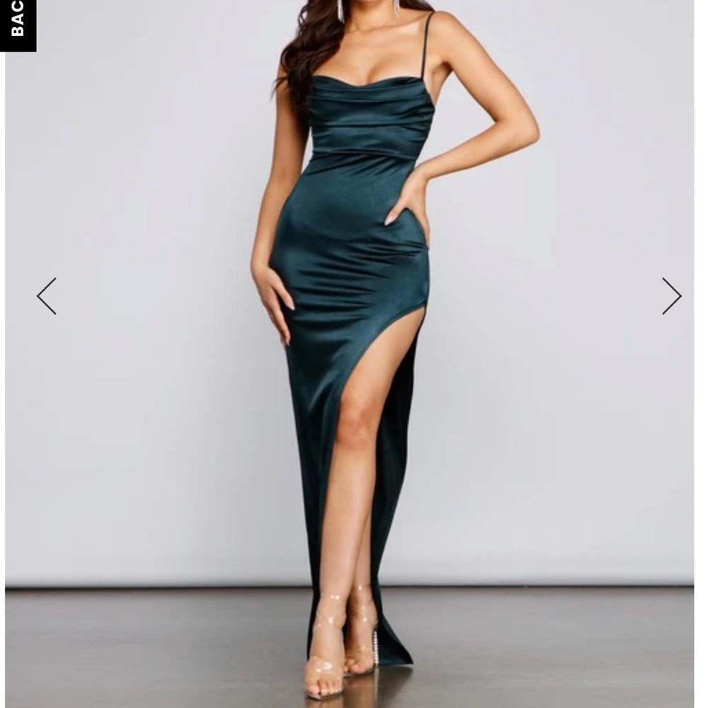 Windsor high slit satin dress in dark hunter green